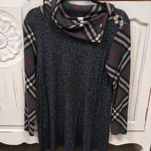 Plaid Cowl Neck Sweater with Button Detail